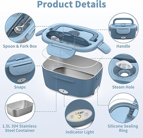 Miniatura 7 de Vingud Lonchera Eléctrica, Calentador de Alimentos, 3 en 1 Lonchera Calentada para Trabajo/Coche/Camión, Loncheras Calentadas para Adultos con