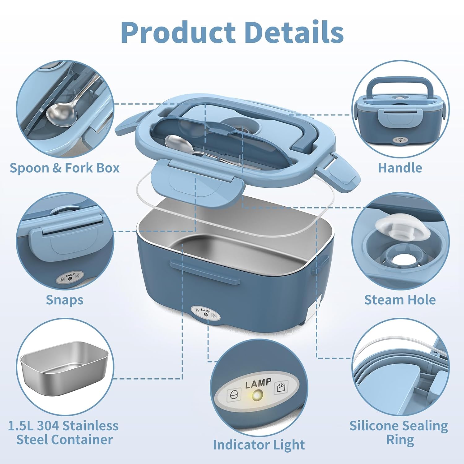 Vingud Electric Lunch Box Food Heater, 3 in 1 Heating Lunch Box for Work/Car/Truck, Heated Lunch Boxes for Adults with 1.5L Stainless Steel Container, 12V 24V 110V (Blue), view 7