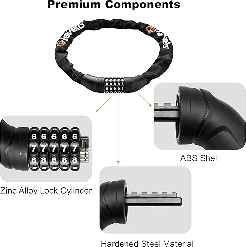 Miniatura 4 de Via Velo Candado de cadena para bicicleta, combinación reiniciable de 5 dígitos, cerradura antirrobo de bicicleta resistente, cerraduras de
