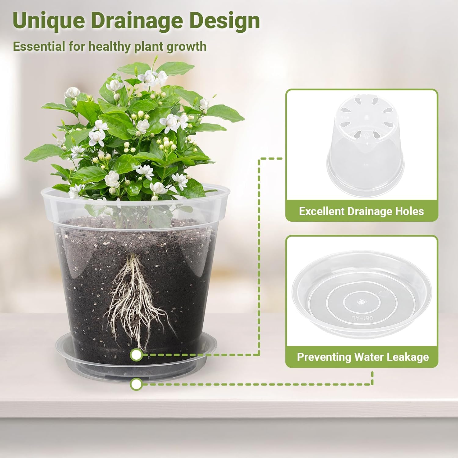 GREANER Clear Pots for Plants, 7 Inch 12 Packs Transparent Plastic Nursery Pots with Saucer and Drainage Holes, Garden Planters for Succulents Flowers Herb Vegetables