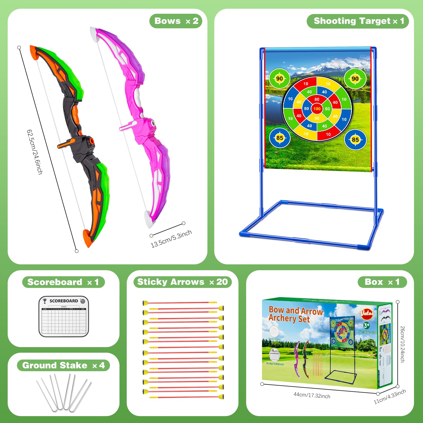 VATOS 2 Packs de Jouets Arc et flèches avec Cible Verticale et 20 flèches, Jouets d'activité d'intérieur et d'extérieur, Cadeau d'anniversaire pour garçons et Filles âgés de 3 à 12 Ans