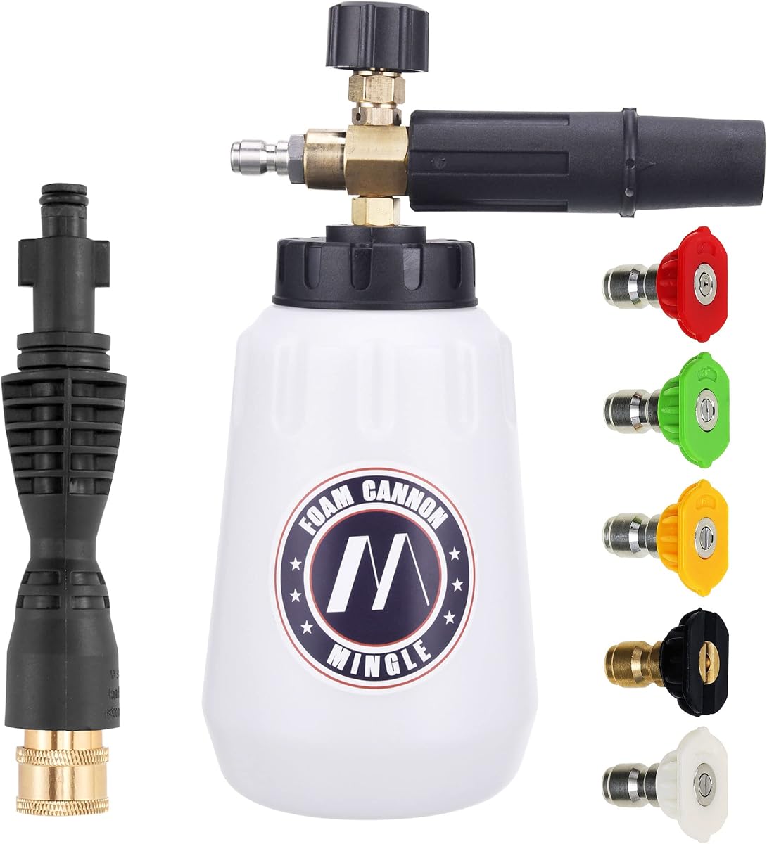 M MINGLE Foam Cannon, Compatible with Portland Husky and Ryobi Power Washer | 1L Adjustable Thick Foam Bottle, 5 Nozzle Tips, 1/4’’ QC Connector, Perfect for Cleaning Cars/Bikes/Driveways & Home Windows