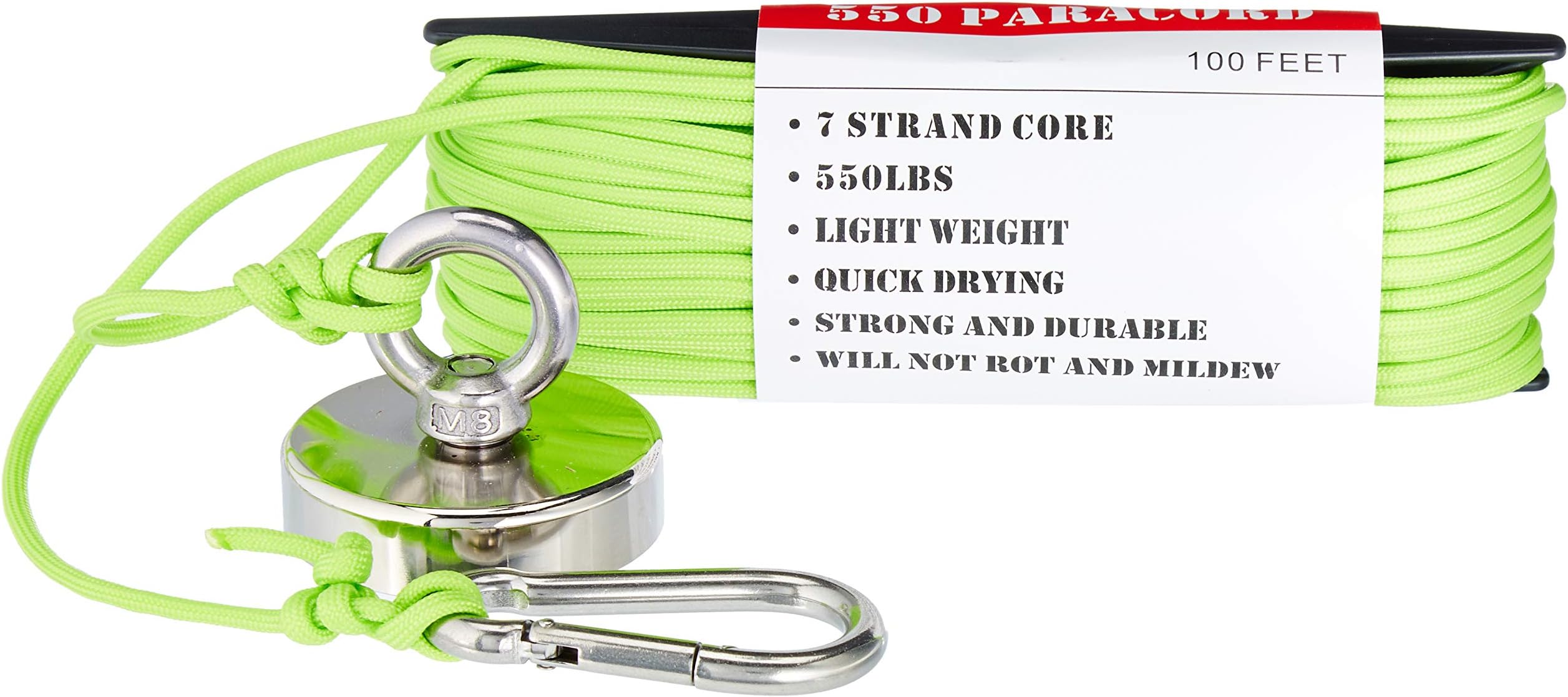 Magnet Fishing Kit “The Green Grabber” Fully Assembled Super Strong Magnet Neodymium 325 lbs Force with Factory Locked Eye Bolt Threads 100 ft of 550 Paracord and Snap Clip for Safe Attachment