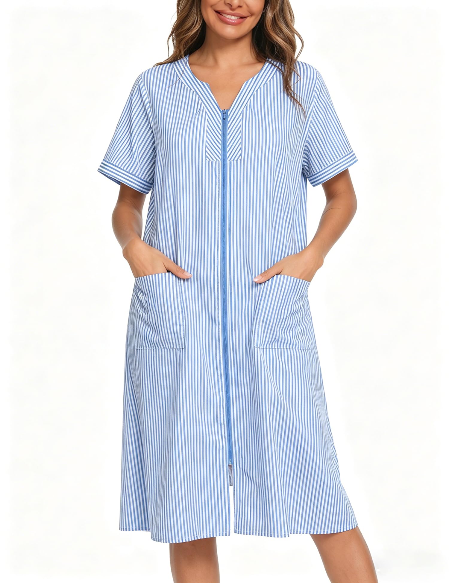 YOZLY House Dresses for Women Zipper Front Housecoat Lightweight Duster Robe with Pockets, Stripe Light Blue, XXL