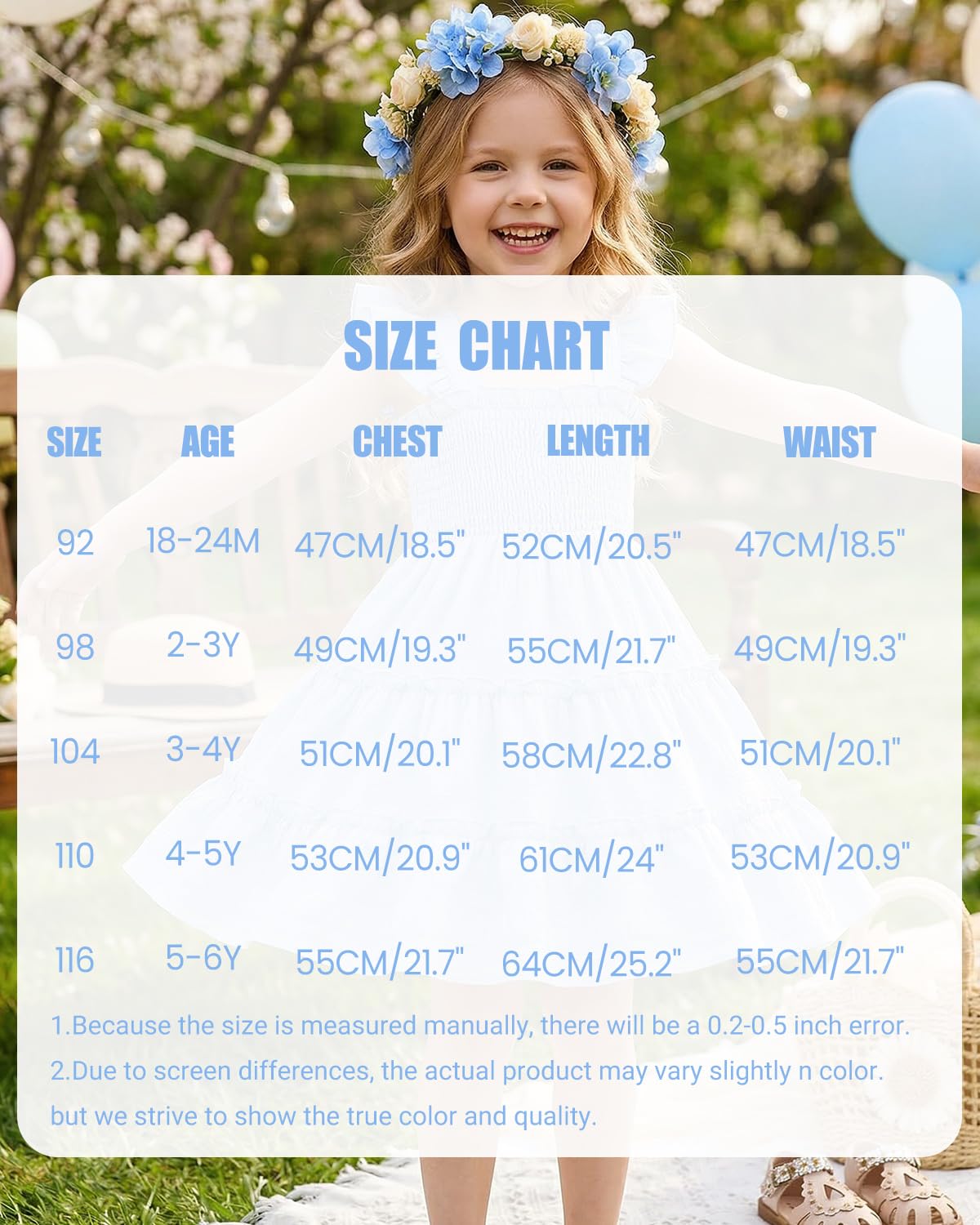 FishingDino Kleider für Mädchen Gr. 92-116, Leicht Gesmokt Ärmellos Sommerkleid Mädchen mit Rüschen & Rückenschleife, Kleinkind Baby Kleid Dress 1-6 Jahre