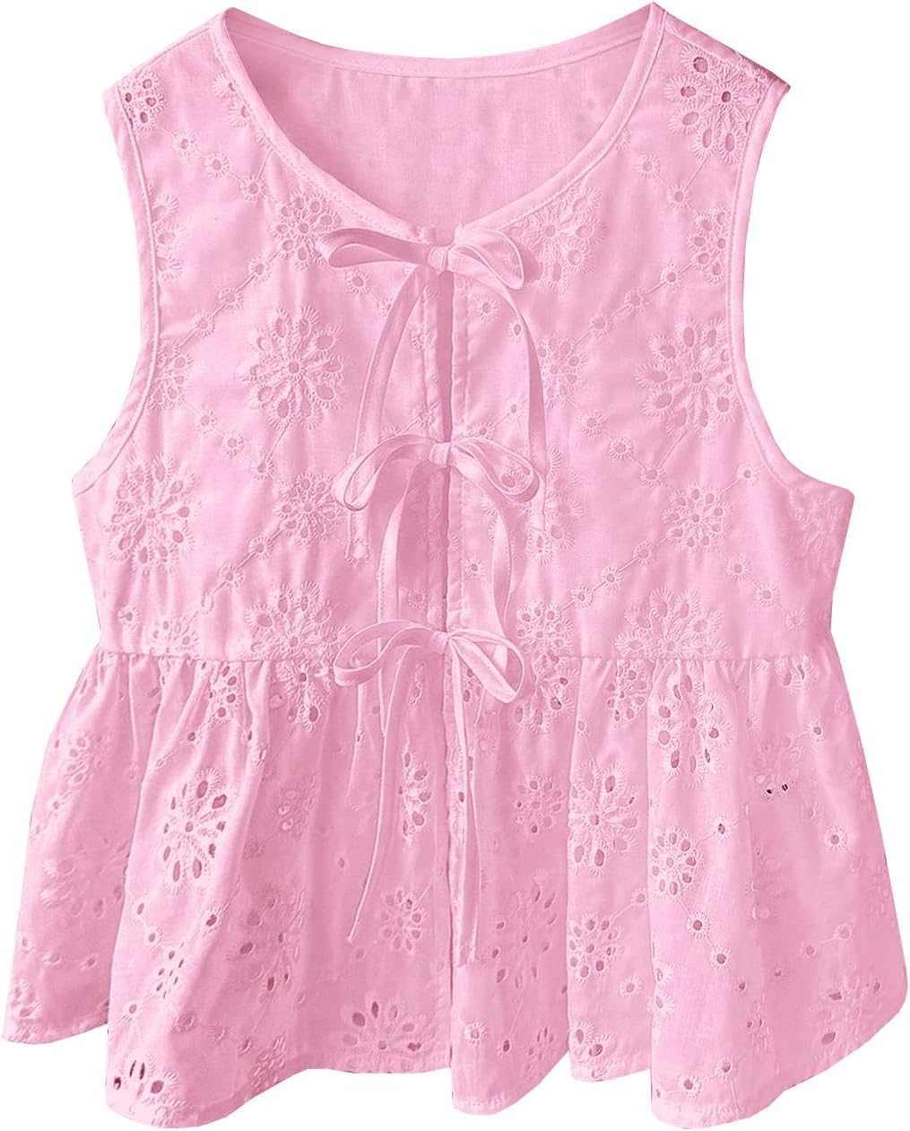 Girls Tank Tops Eyelet Embroidery Sleeveless Top Bow Ties Peplum Tank Blouse