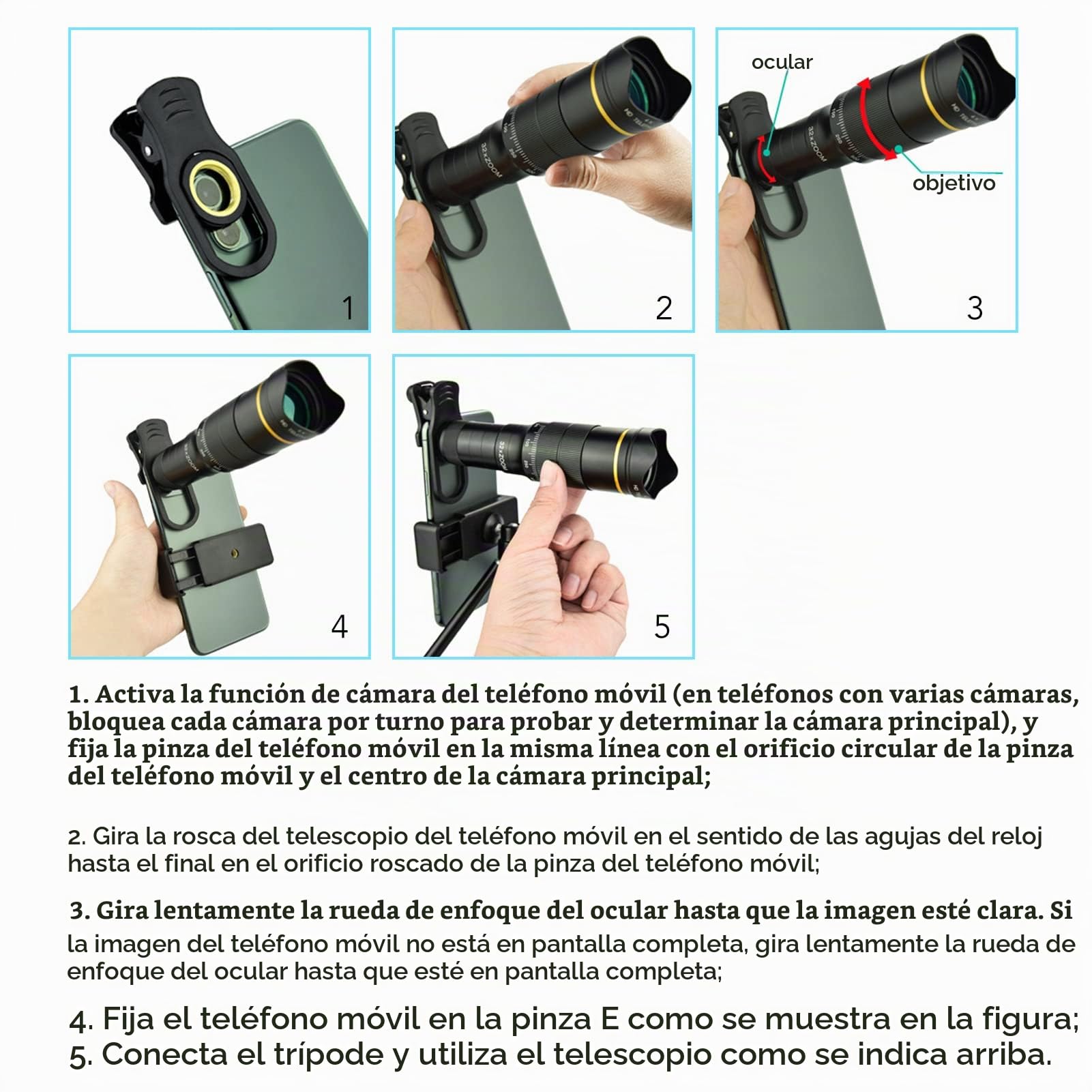 Lente de la Cámara del Teléfono Celular, Clip de Ajuste Doble en la Lente del Teléfono Celular con Aumento de 32X, Compatible con Ultra Gran Angular de 0.63X y Lente Ojo de