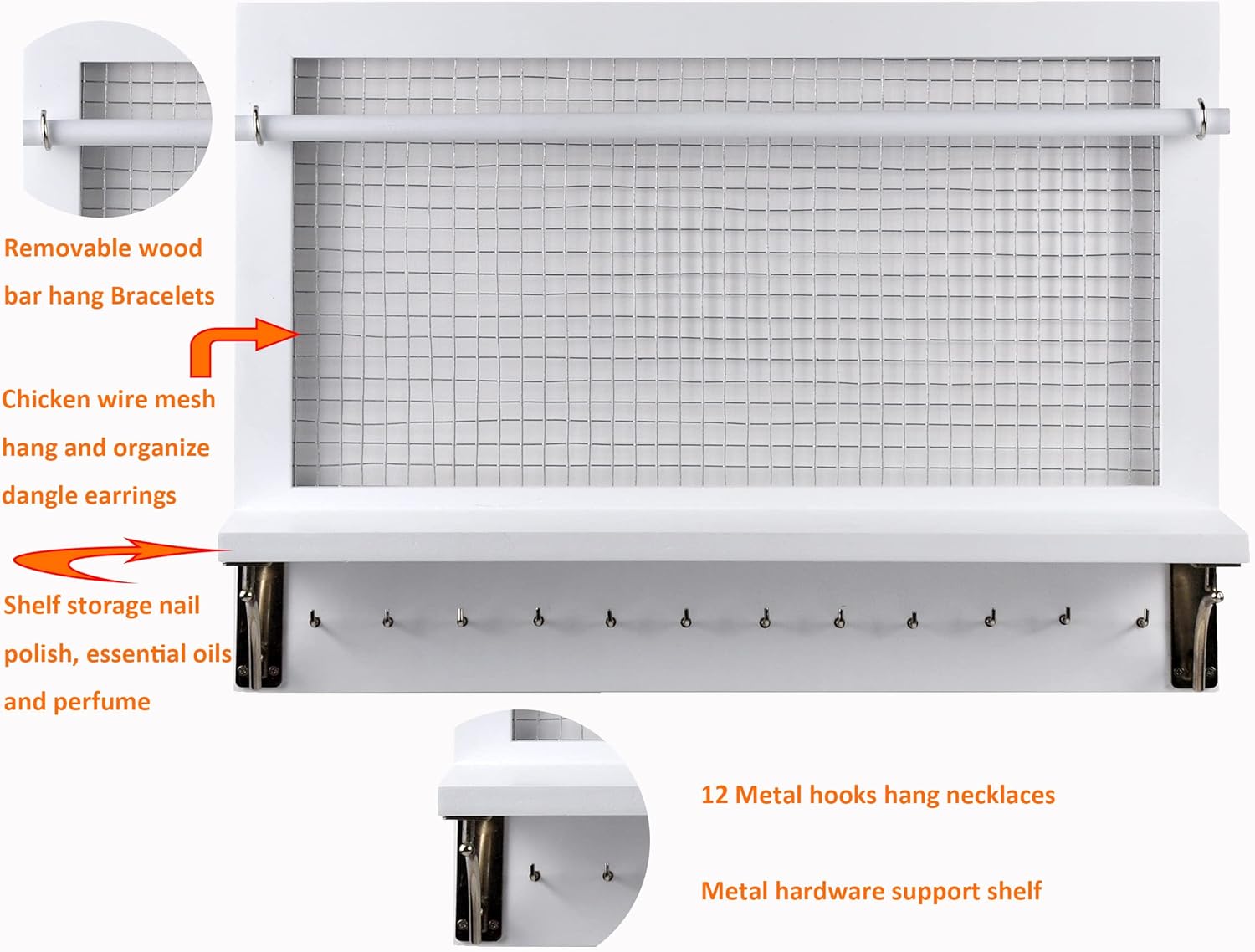 Spiretro White Jewelry Organizer, Wall Mount Jewelry Holder Rack with Hooks Shelf and Removable Rod Hanging Display Earrings Necklaces Bracelets Rings Storage Accessories Wood