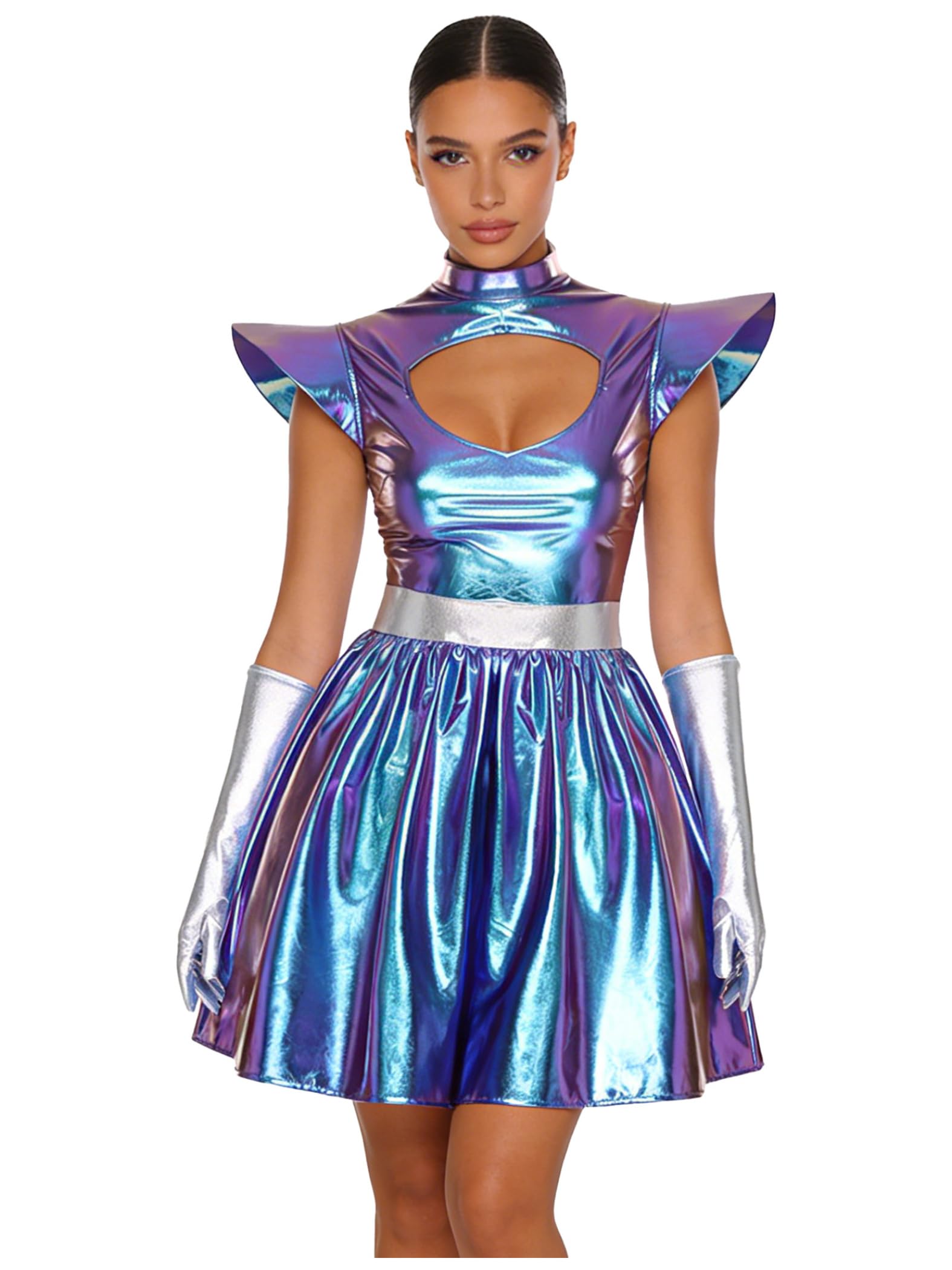 Yiesvsov Women Space Fancy Costume Metallic Robot Alien Costume Front Hollow Dress for Halloween Carnival Blue M