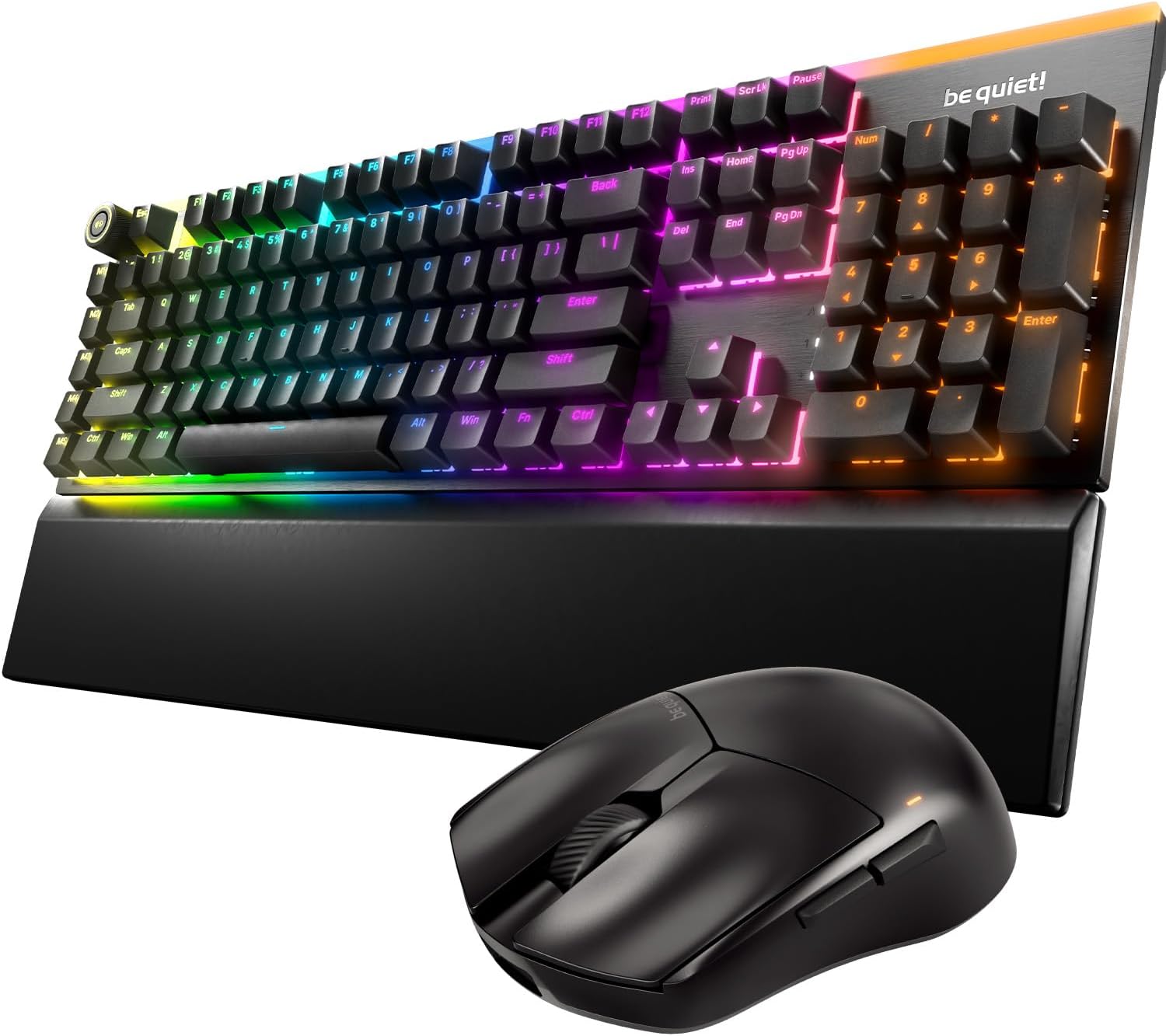be quiet! Light Mount Mechanical Keyboard and Dark Perk Sym Wireless Gaming Mouse Bundle, Silent Linear Switches, ARGB Lighting, Lightweight 55g Mouse, 32,000 DPI Sensor, up to 110 Hours Battery Life