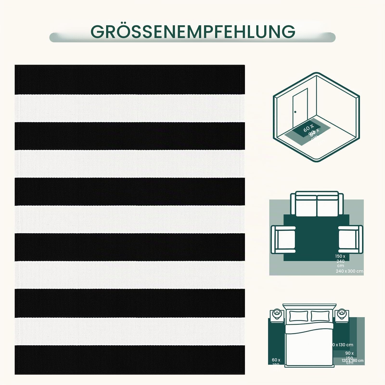 Schwarz und Weiß gestreifter Teppich, 122 x 182 cm, Baumwolle, gewebt, waschbar, Retro-Gitter-Streifen, Outdoor-Teppich, für Bauernhaus, Wohnzimmer, Esszimmer, Schlafzimmer