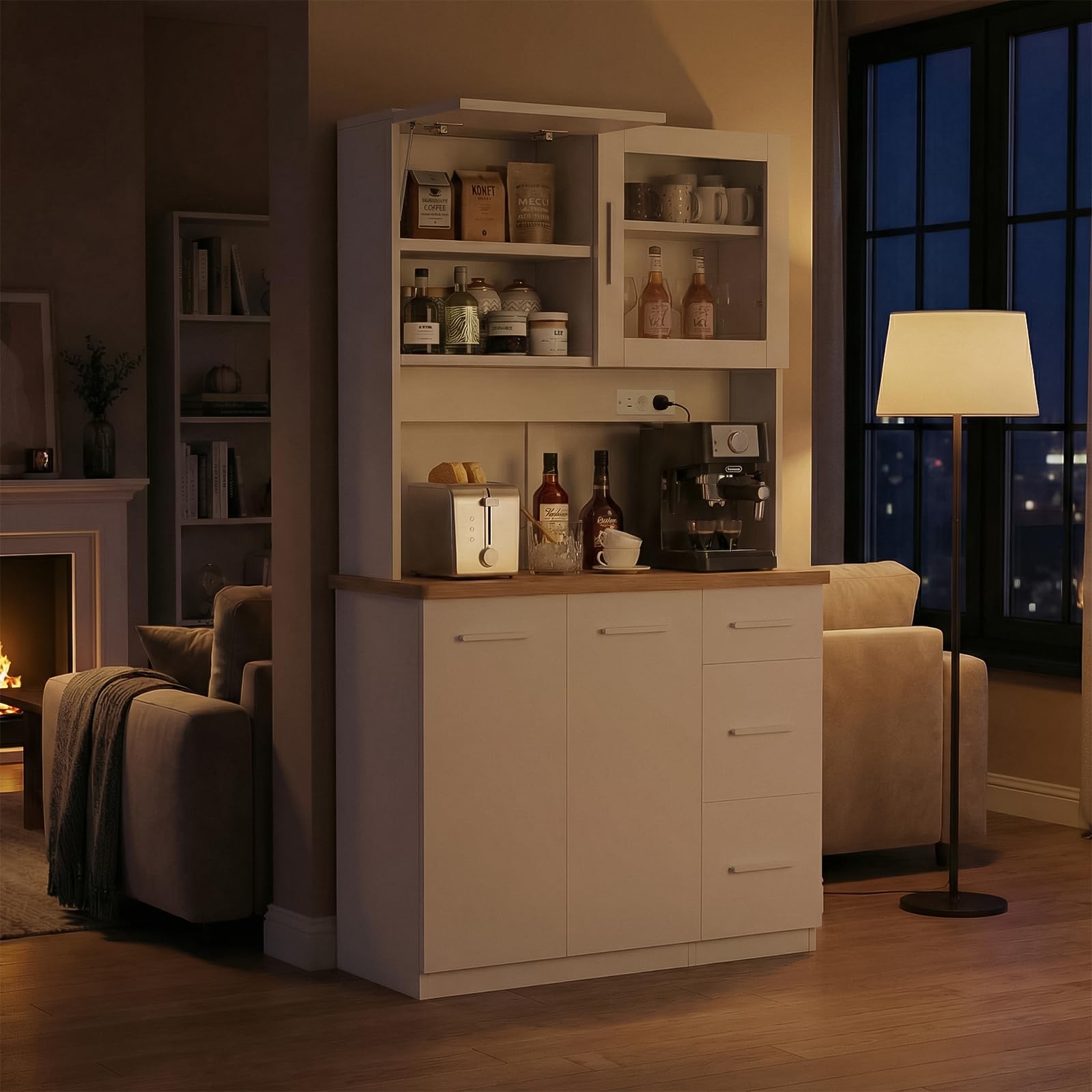 Devoko Mobile da cucina, credenza, armadio alto con prese di corrente e strisce LED 3000 K, con piano di lavoro da 24 mm, ripiani regolabili, 3 cassetti, 100 x 40 x 182 cm (Bianco)