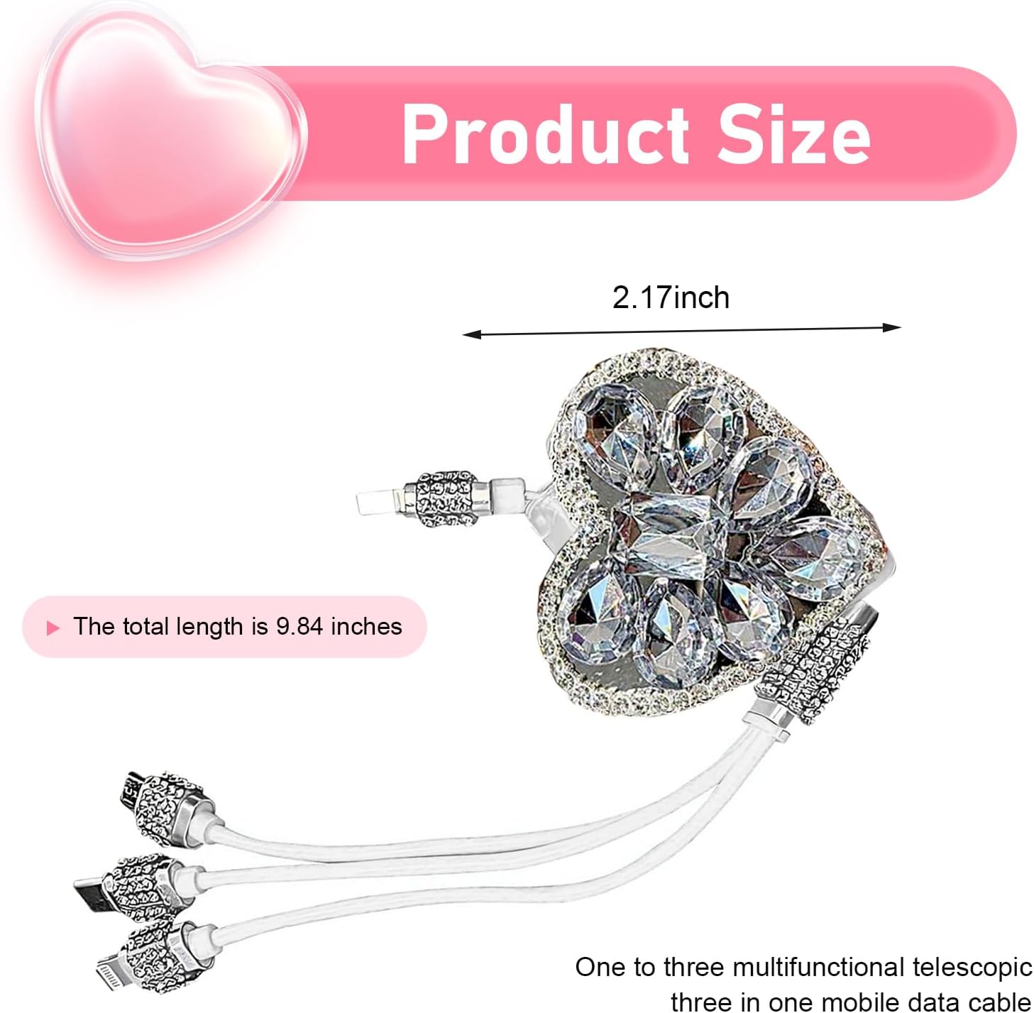 Car Charging Cable, Retractable 3 in 1 Data Cord with Type-C/Lightning/Micro USB Connector, Bling Heart-shaped Rhinestone Fast Power Cable for Women Girls, Universal for Phone Tablet (White) image 2