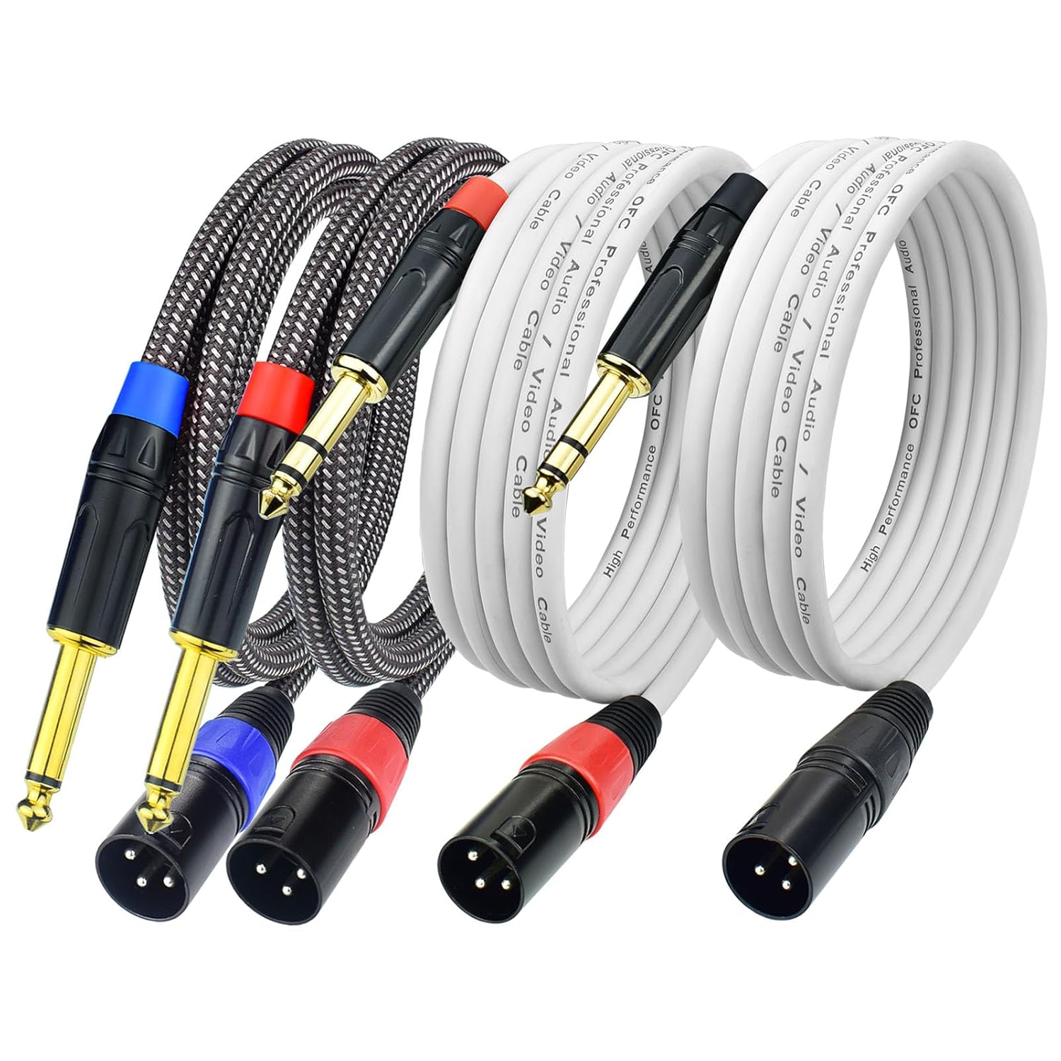 Unbalanced 1/4" TS to XLR Male Cable 3.3Feet 2Pack Nylon Braided with Balanced 1/4" TRS to XLR Male Cable 6Inch 2Pack White