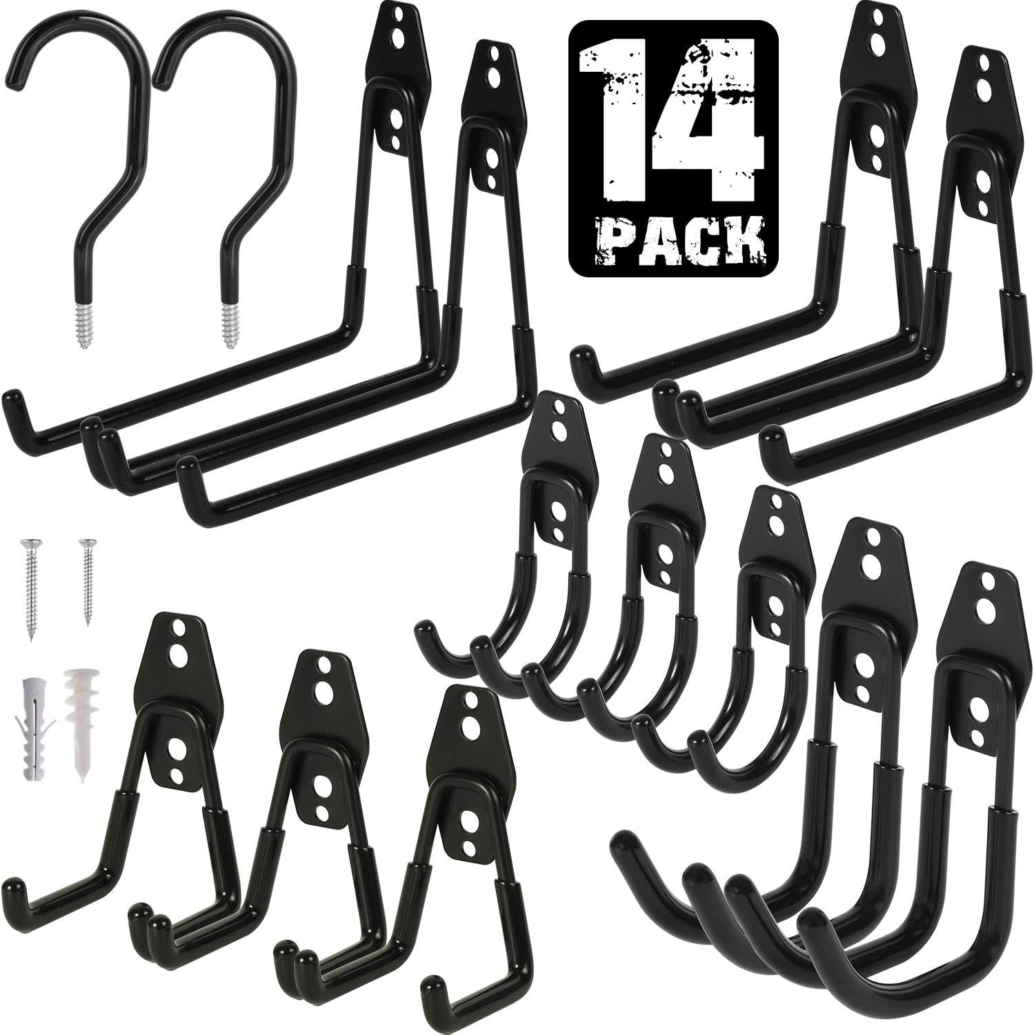 Garage Hooks - 14 Pack Heavy Duty Garage Storage Wall Hooks, Garage Hangers Wall Mount Utility Double Hooks for Hanging Organization, Bulky Items, Chairs, Ladders, Bike with Anti-Slip Coating, Black