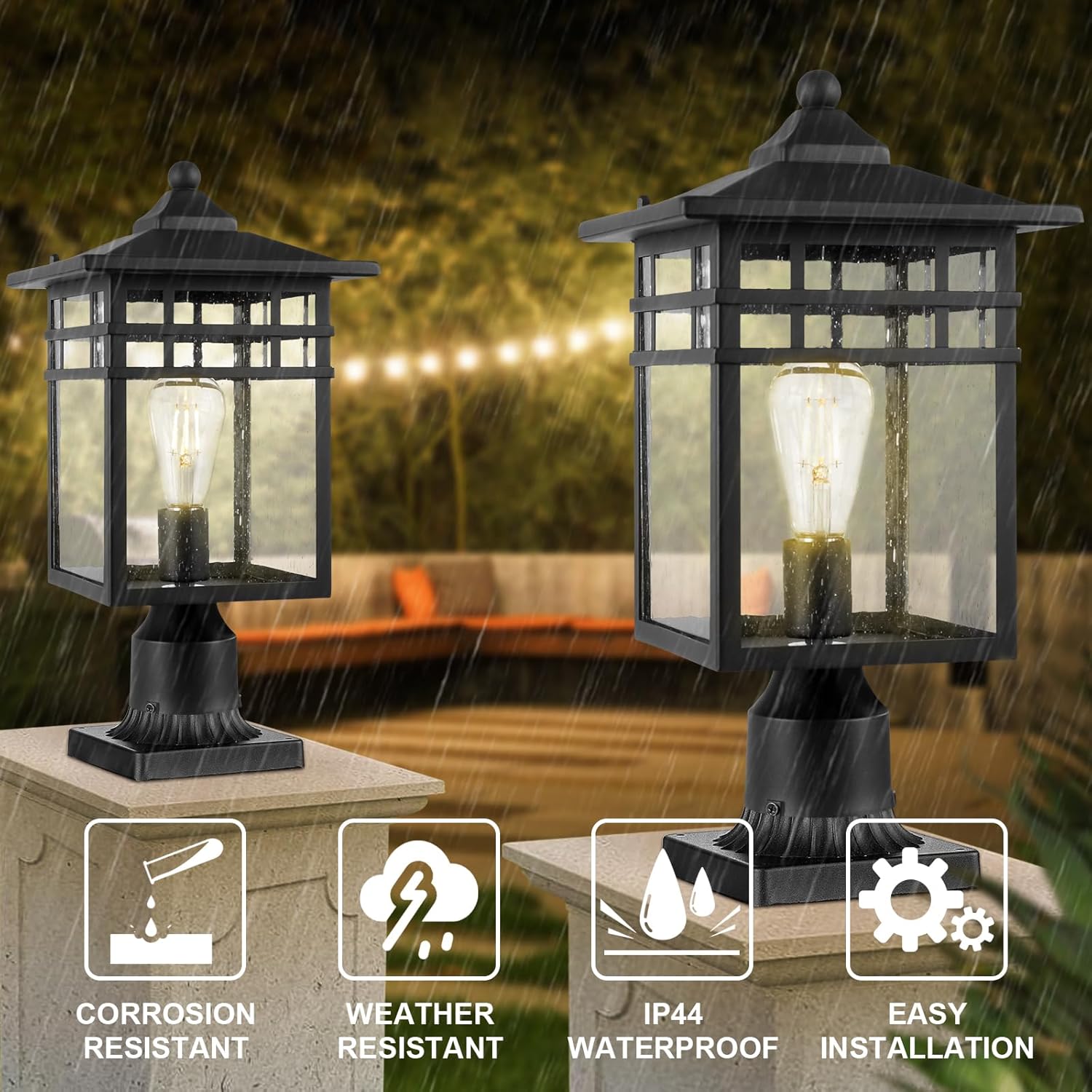 Outdoor Post Light Fixture, Large Exterior Pillar Lantern with Black Finish & Seeded Glass, 9 Inch Square Pier Mount Lamp for Garden, Backyard, Courtyard, Patio, Deck, Pathway, Walkway