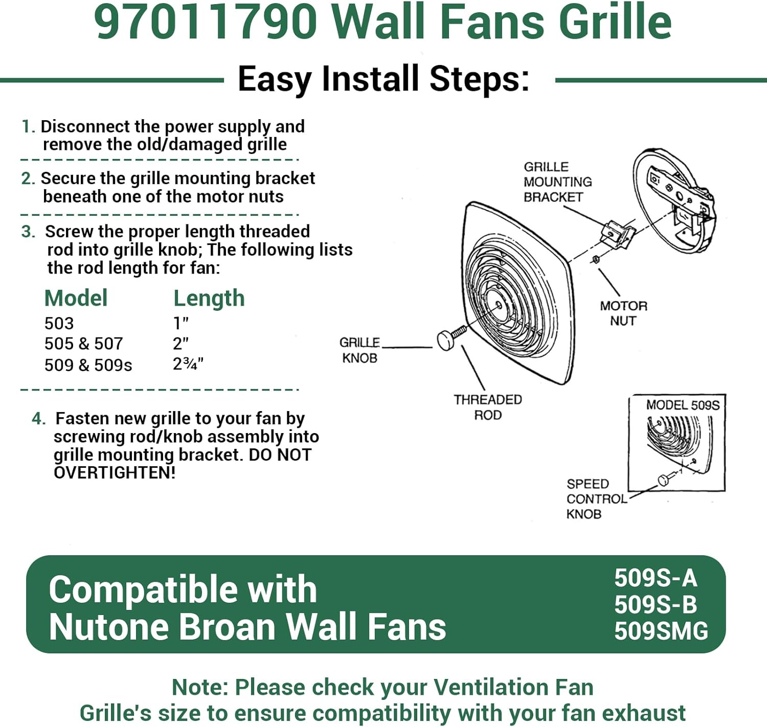 11-1/2" 97011790 Grille Bathroom Exhaust Fan Cover Replacement for Nutone Broan Wall Fans 509S-A 509S-B 509SMG 503 505 507 509S, S97011790 Kitchen Exhaust Fan Cover Wall Ventilation Fan Grille Kit