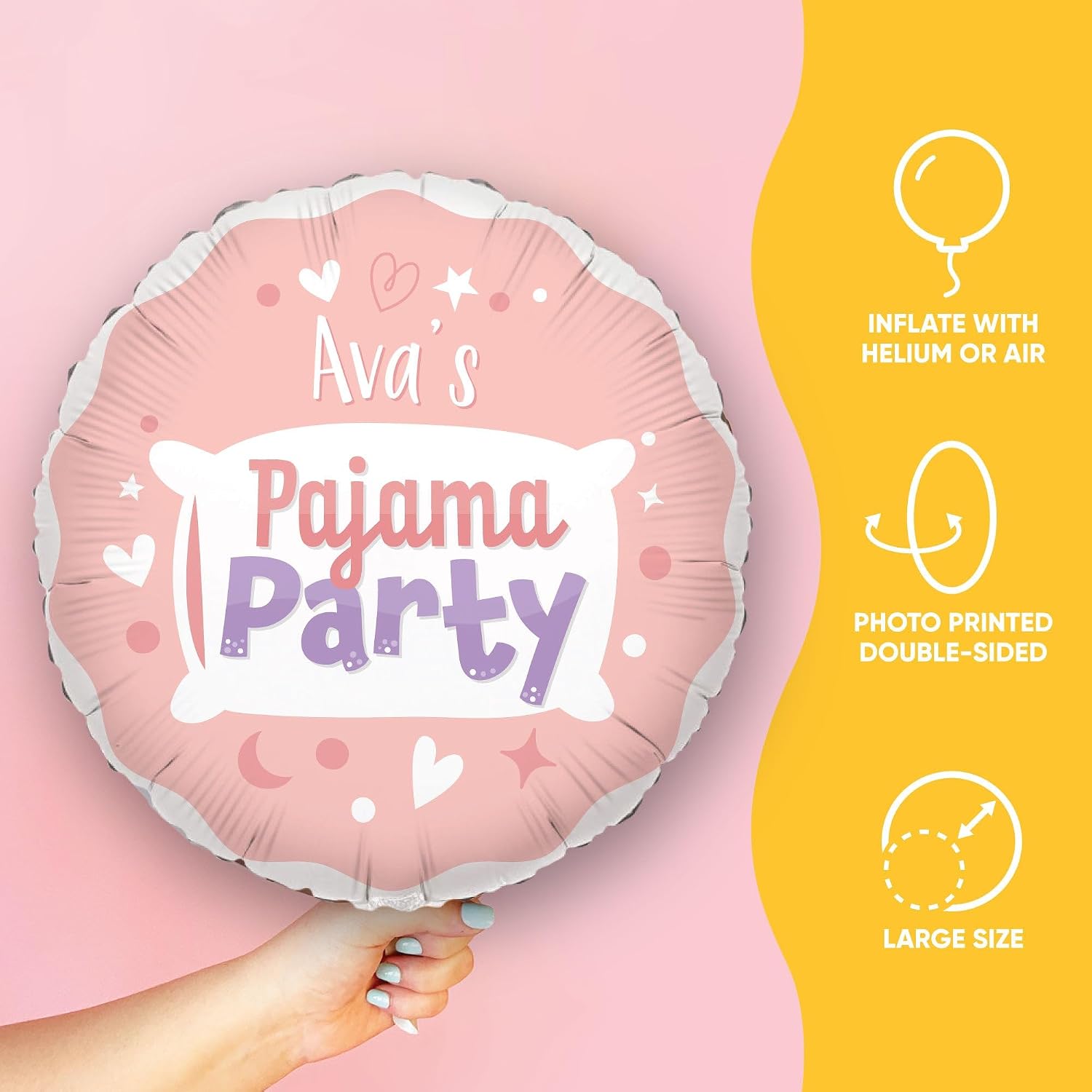 Big Dot of Happiness Personalized Pajama Slumber Party Balloon, Girls Sleepover Birthday Party Decoration, Custom Name Double-Sided Circle Mylar, 1 Piece