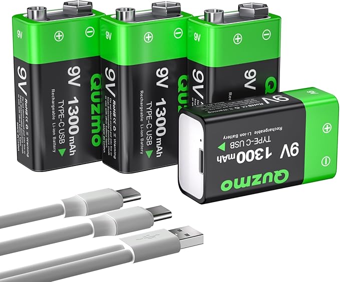 4-Pack Rechargeable 9 Volt Lithium-ion Batteries, 1300mAh Long Lasting Power, USB-C Recharge with 2 in 1 Charging Cable for Smoke Alarms,Multimeters,Microphones,Walkie-Talkie,Toys