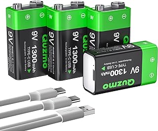 4-Pack Rechargeable 9V Batteries, 1300mAh 9 Volt Lithium-ion Long Lasting Power, USB-C Recharge with 2 in 1 Charging Cable for Smoke Alarms,Multimeters,Microphones,Walkie-Talkie,Toys