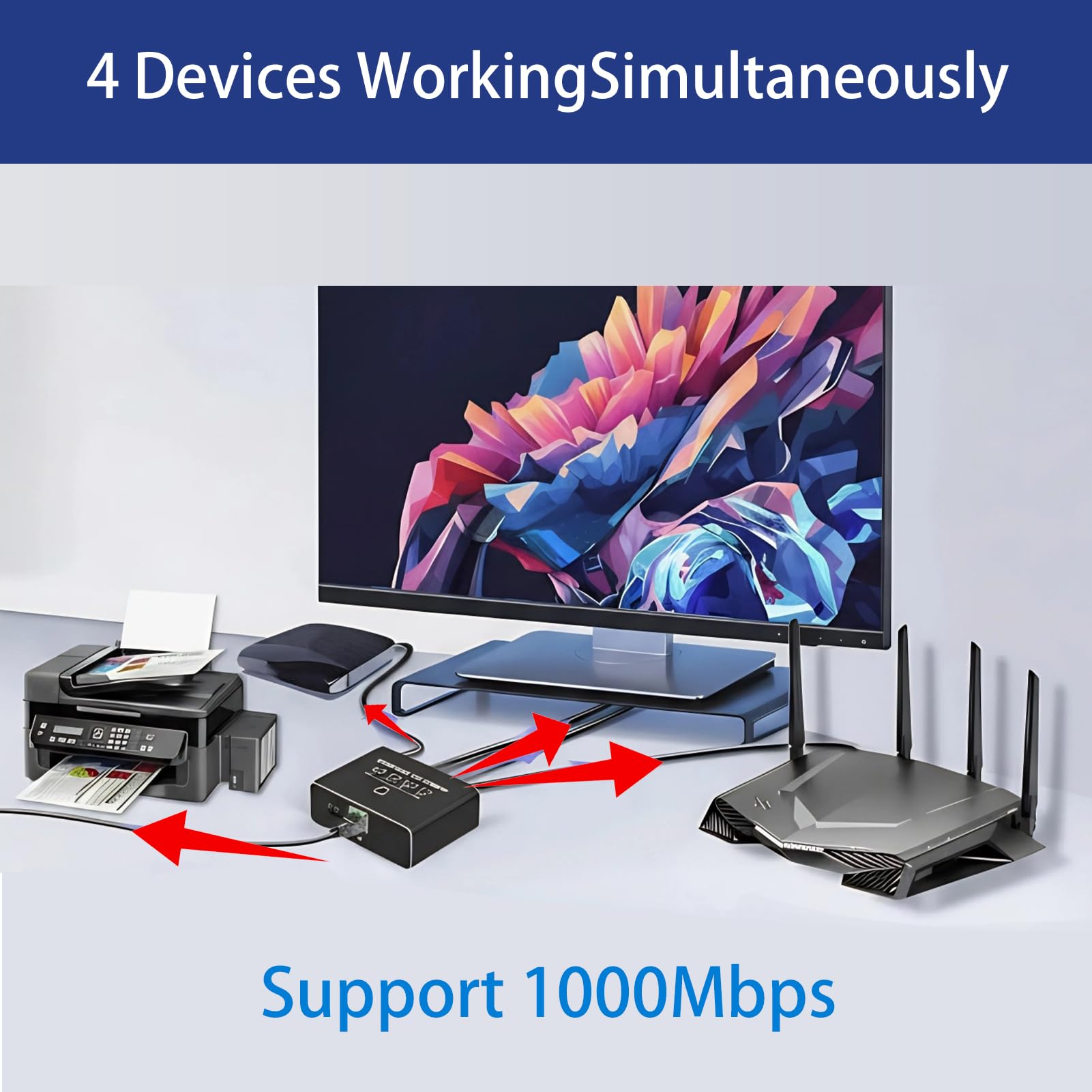 Switch Ethernet 1 a 4, 1000Mbps Gigabit RJ45 Splitter 4 Puertos, LAN Network Adapter con Alimentación USB C, Duplicador RJ45, Divisor Ethernet para Ordenador Hub Routers Conmutador Decodificadores