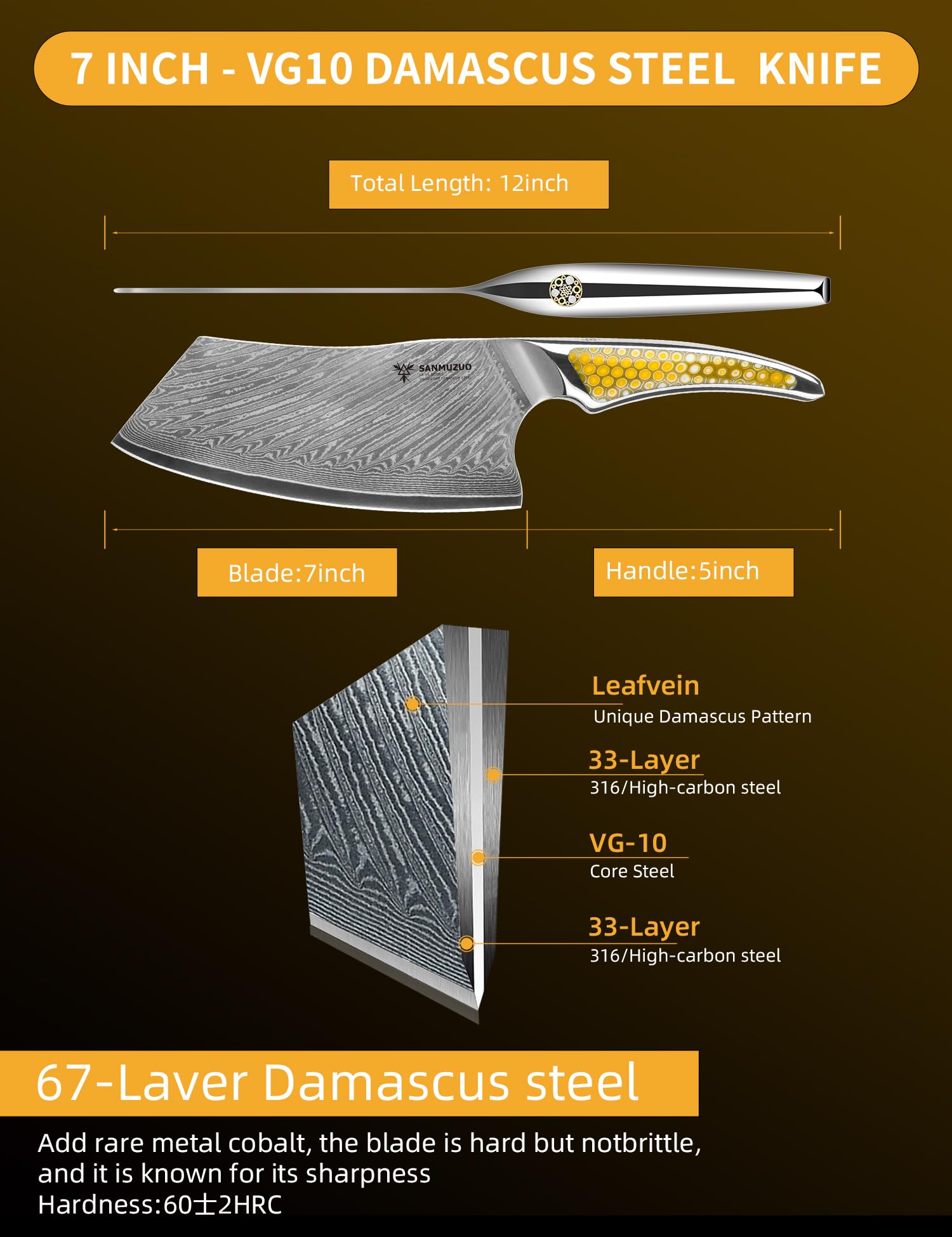 Coltello Nakiri da 18CM, coltello da carne giapponese in acciaio damasco VG-10, coltello da verdura ultra affilato con impugnatura a codolo intero in resina Giallo, serie LA-S9