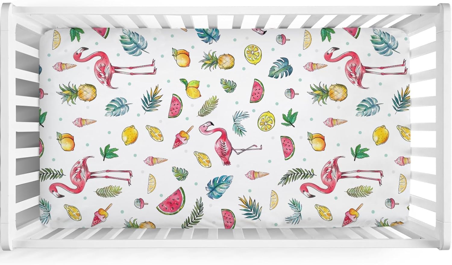 Watercolor Summer Flamingo Baby Crib Sheets 52''x28'' Lemon Pineapple Watermelon Tropical Leaves Snug Fitted Crib Mattress Sheet for Boy Girl Soft Nursery Bed Sheets for Standard Crib Toddler Mattress