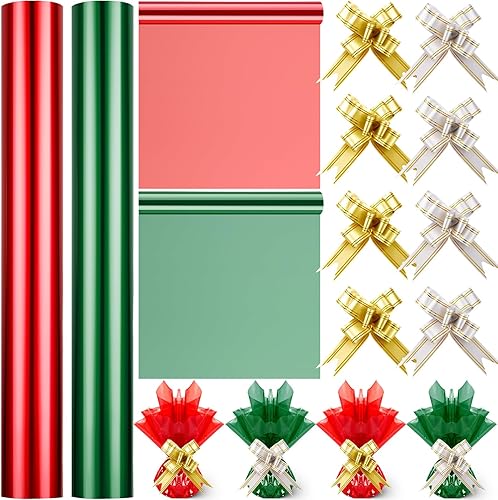 Lyrow 4 rollos de papel de celofán de Navidad de 100 x 16 pulgadas, rollo de celofán rojo y verde con 100 lazos de tracción, hojas de celofán de