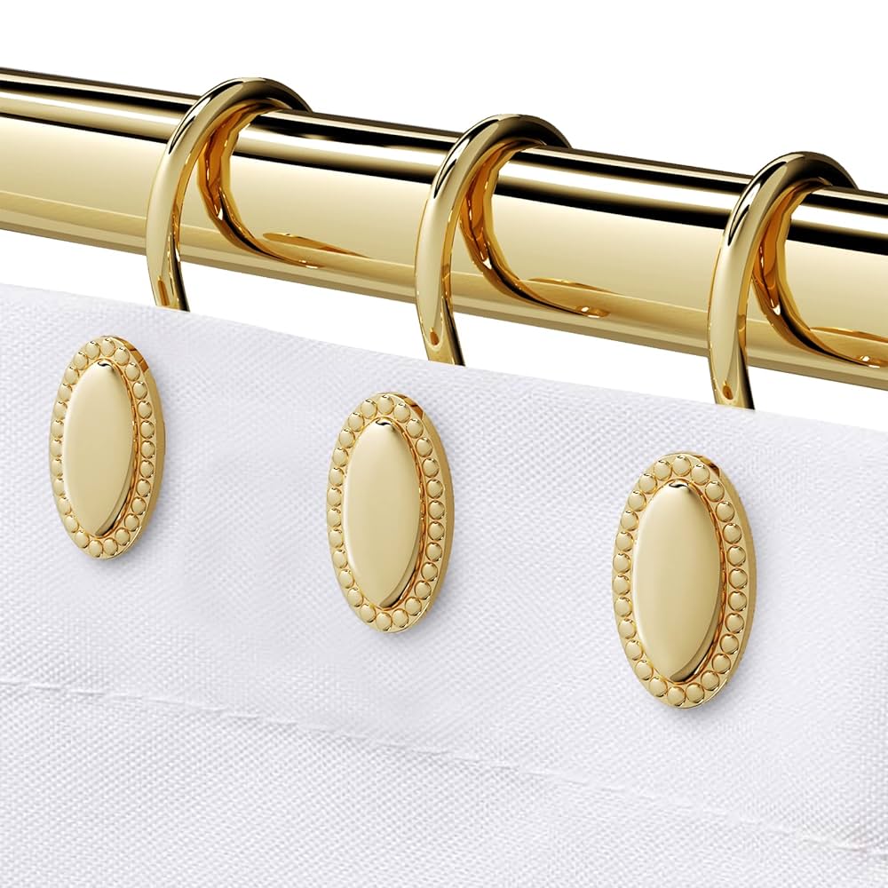 Gold Shower Curtain Hooks, Set of 12, Rust Resistant, Heavy Duty, Decorative Acrylic Shower Curtain Rings