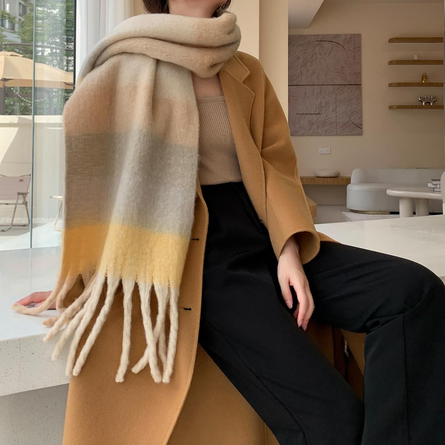 Large Chunky Plaid Scarf Coloured Checked Oversized Scarf Tassel Soft Fall Winter Thick Warm Shawl Women - Image 2