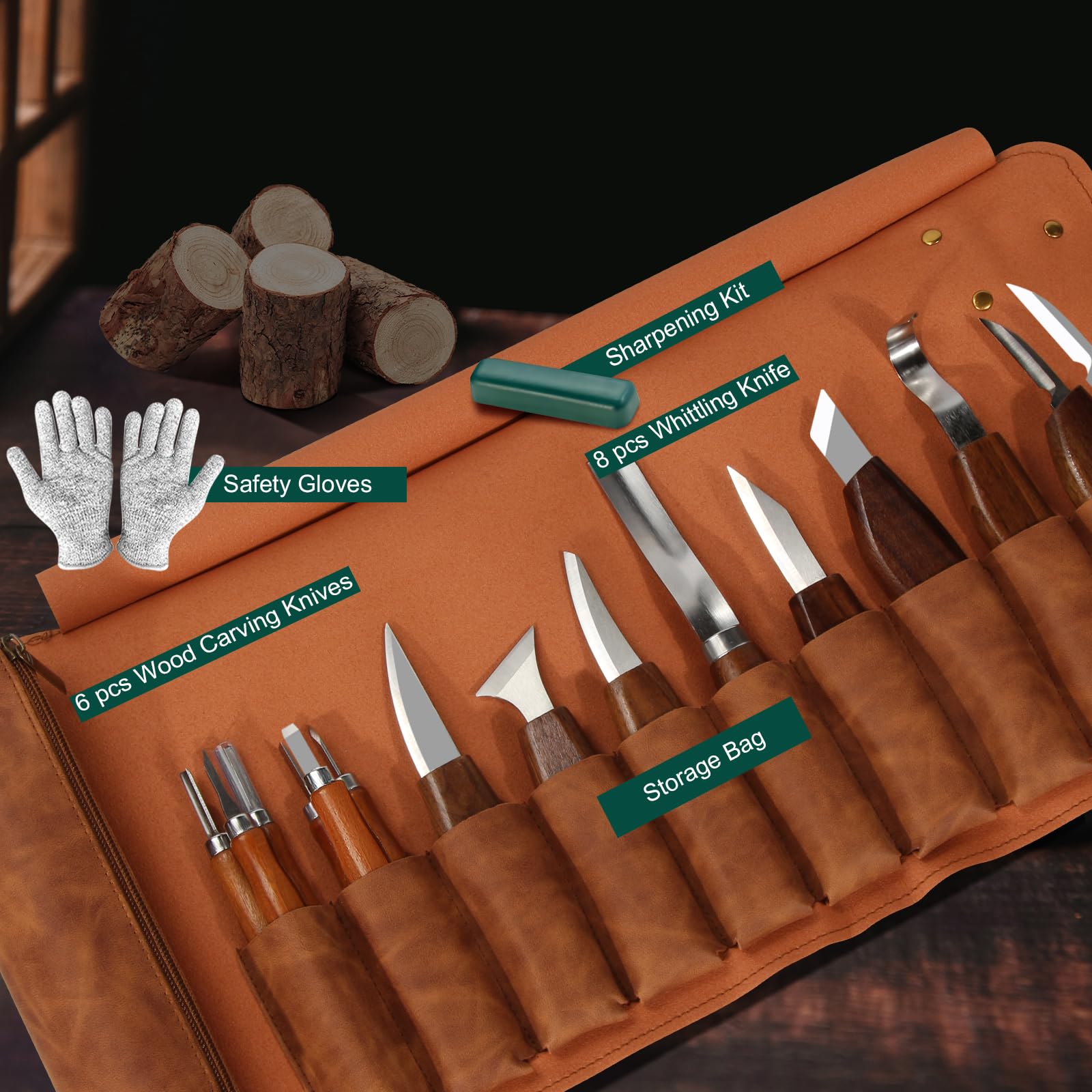 Kit Sculpture Sur Bois 17 Pièces – 12 Couteaux, Gants, Sac Cuir – Pour Débutants Et Professionnels – Idéal Bois, Fruits, Résine