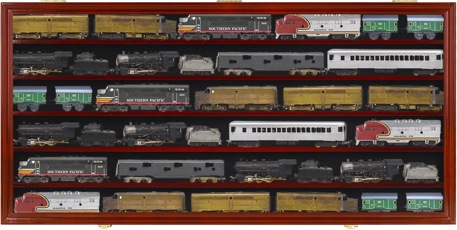 HO Scale Trains Display Case Wall Cabinet Shelves Compatible with Hot Toy Car Wheels 1:64 ad 1:43 Scale or N Scale Trains UV Protection Lockable (Mahogany Finish)