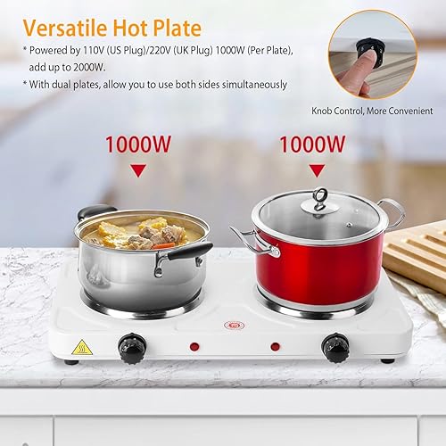 Miniatura 3 de iMounTEK Quemador eléctrico doble de 2000 W, portátil, doble encimera, estufa de cocina de placa caliente con control de temperatura de 5 engranajes