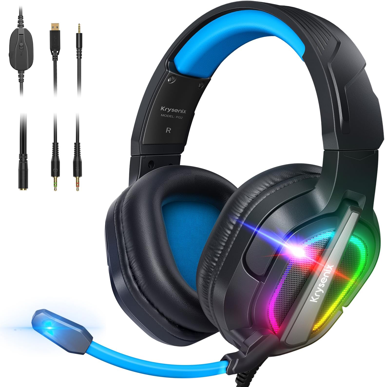 Krysenix Gaming Headset for PS4, PS5, PC, Mac, Xbox Series X, Noise Canceling Headphones with Microphone, PG2 Computer Headset with 3.5mm Jack & RGB Light Black/BlueClimatePartner certified