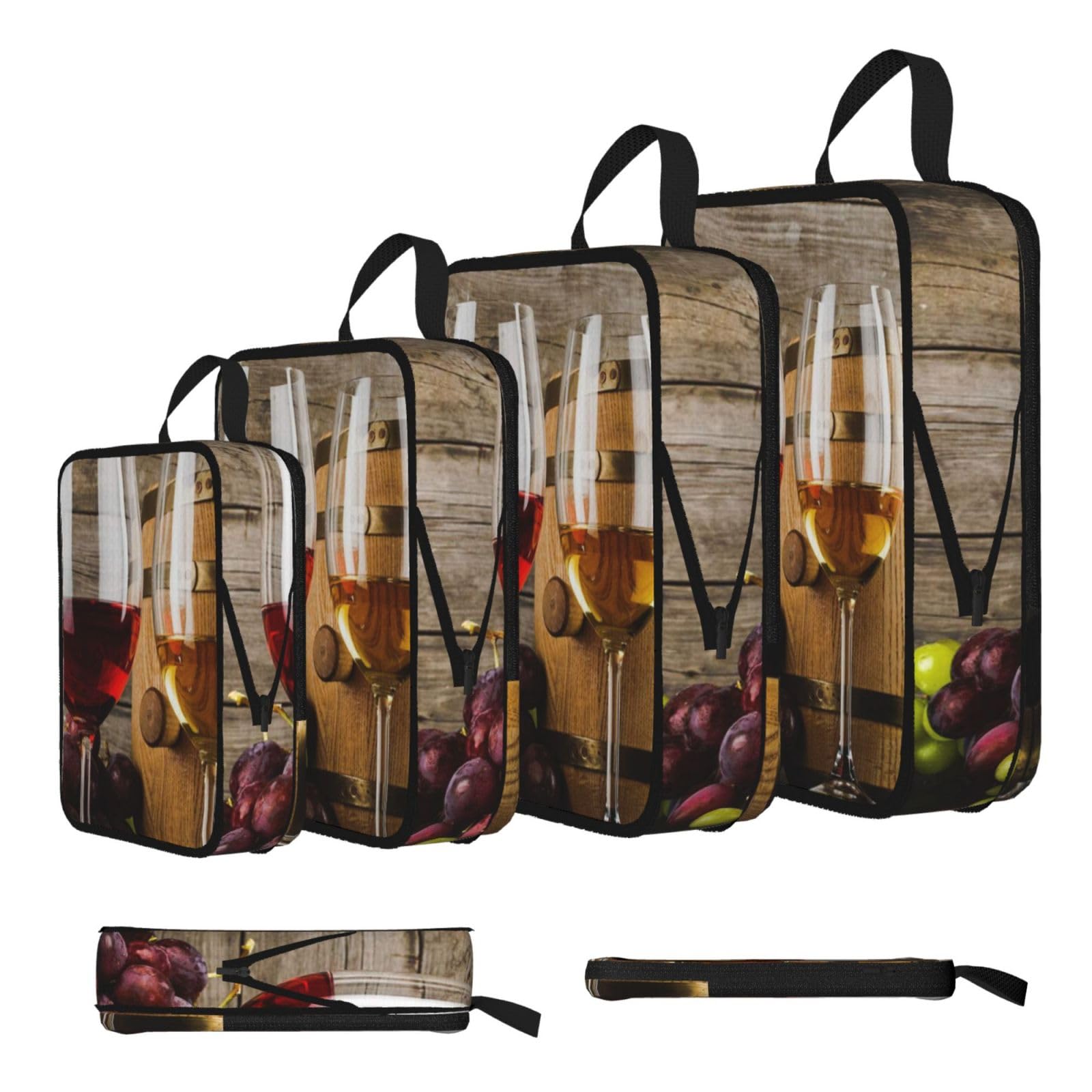 Art Red Wine Galsses & Grapes Print Compression Packing Cubes 4-Piece Set With Multi- Compartment Travel Bag, Waterproof Suitcase Organiser Bags