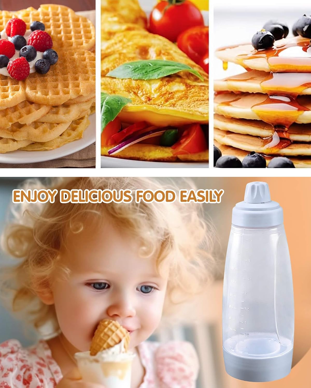 Pancake Batter Dispenser & Mixer with BlenderBall Whisk, 2-Pack 33oz Leak-Proof Squeeze Bottles with Base for Pancakes, Crepes, Waffles, Muffins & Cupcakes