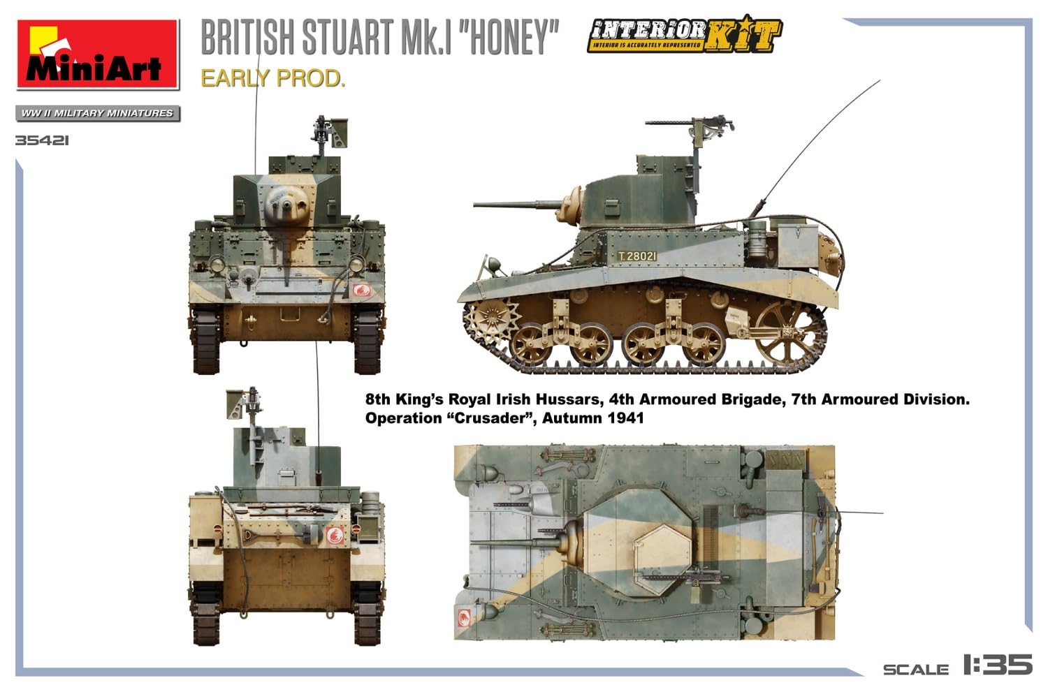 MiniArt 35421 1:35 Brit. Stuart Mk.I con interno – riproduzione fedele all'originale, modellismo, kit di costruzione in plastica, artigianato, hobby, incollaggio, modellismo, assemblaggio, non