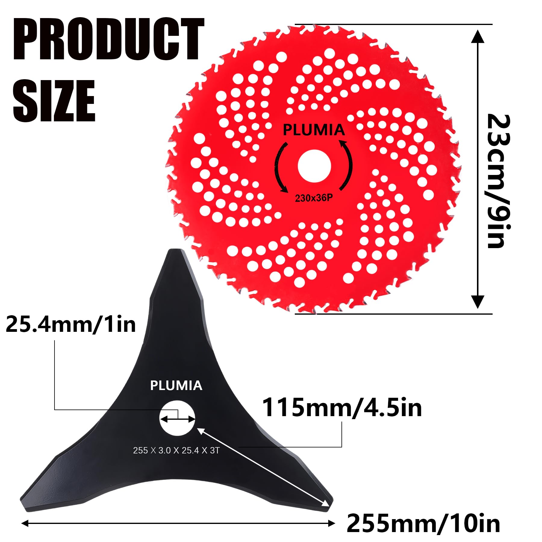 PLUMIA Lame per decespugliatore in acciaio al carbonio a 3 denti, 25,4 cm x 36 denti, con kit adattatore universale, compatibili con Husqvarna, Stihl, Oregon, Hitachi e altri (2 pezzi)