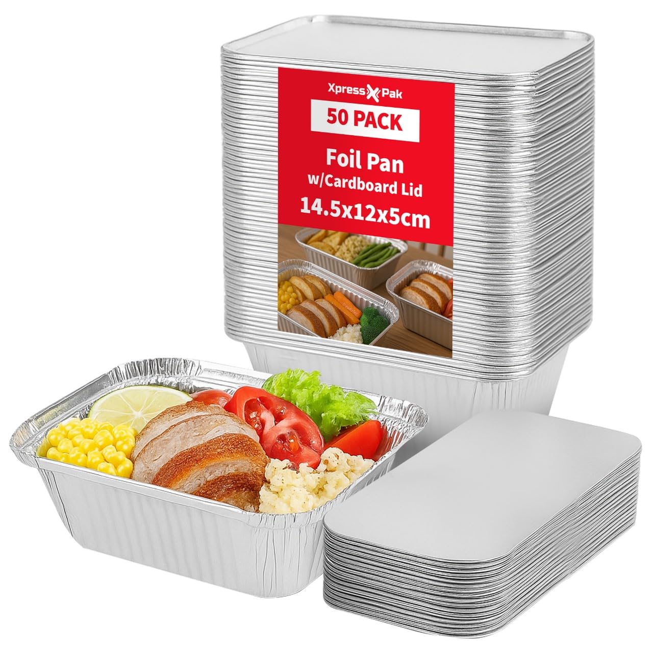 Silver Foil Food Containers with Lids - Durable Food-Grade Aluminum Foil Trays for Oven & Freezer Safe - Stackable Disposable Serving Bowls for Parties, Meal Prep Catering & Events - 50 Pack