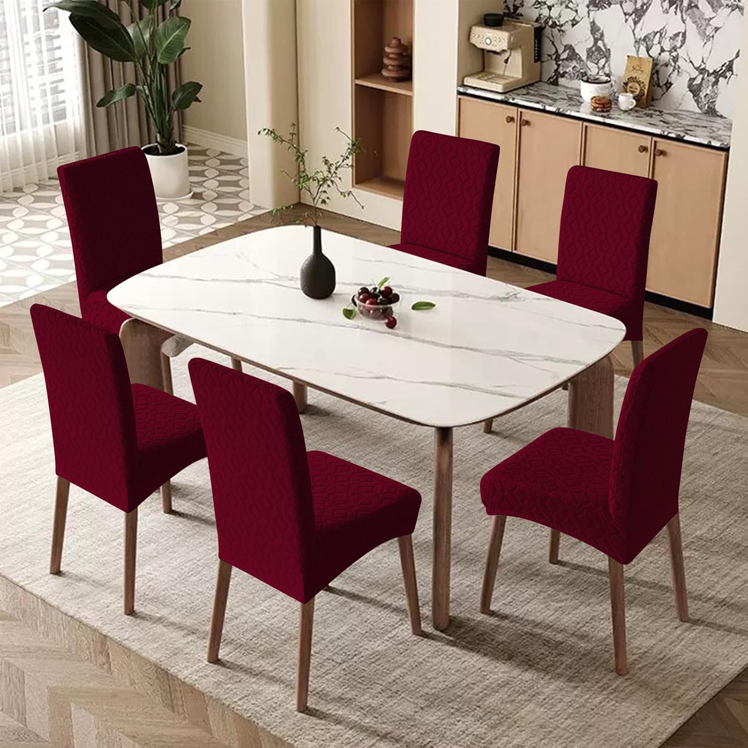 Genina Waterproof Chair Covers for Dining Room Set of 4, Removable Washable Chair Slipcover Protectors, Wine Red