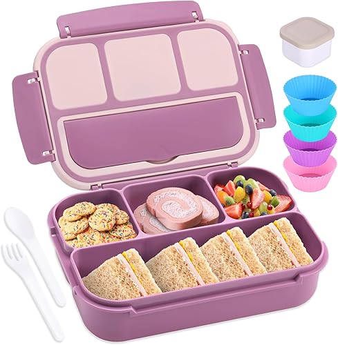 Vista 69 de Lonchera Bento para adultos, recipientes para niños y niñas con 4 compartimentos, contenedor de alimentos con utensilios, tarro de salsa, forros
