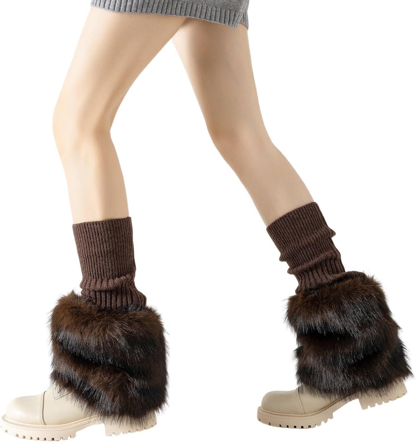 Women's Fashion Knit Splicing Fuzzy Warm Solid Color Long Leg Warmers for Party Club