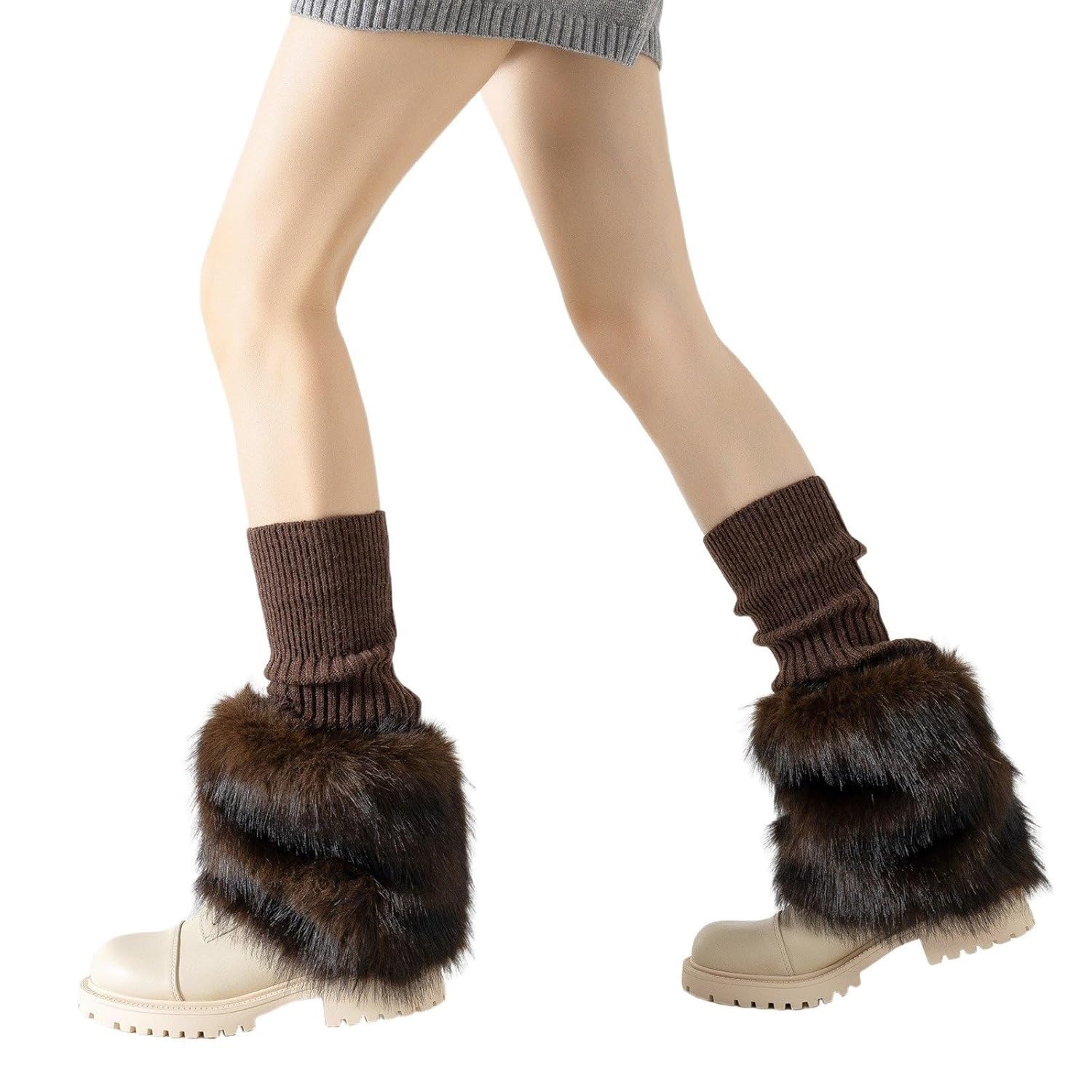 Womens Fashion Knit Splicing Fuzzy Warm Solid Color Long Leg Warmers for Party Club