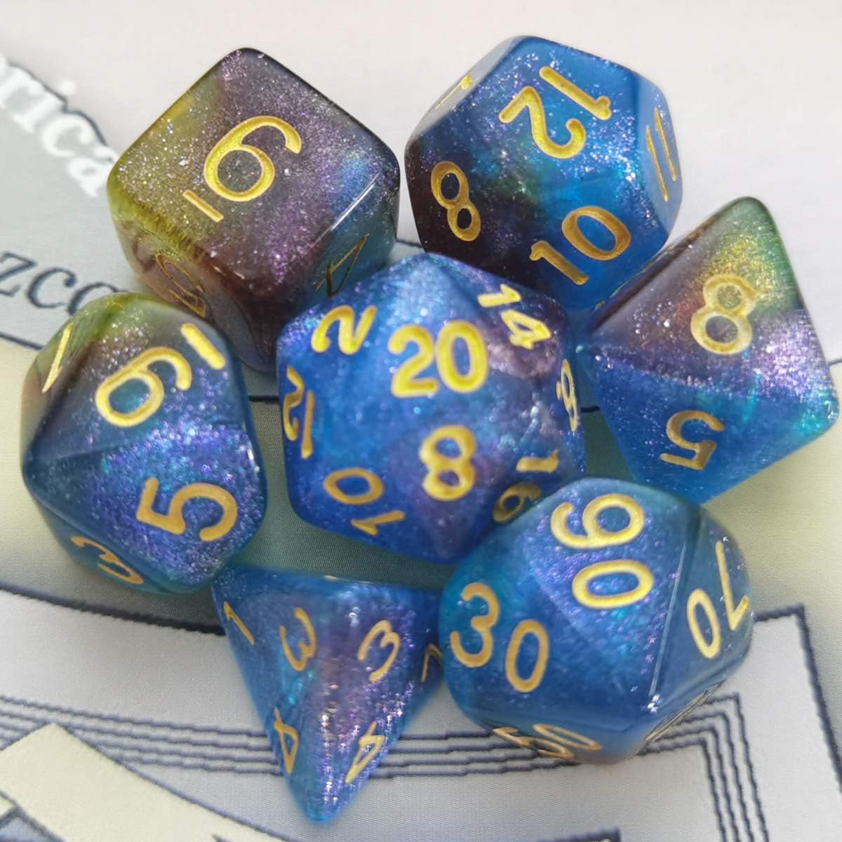 FLASHOWL Tri-Colors DND Dice Set for Role Playing Game, Table Game, Polyhedral Game Dice Set for Dungeons and Dragons D20 Dice(7 Pieces, Light Blue&Red&Yellow)