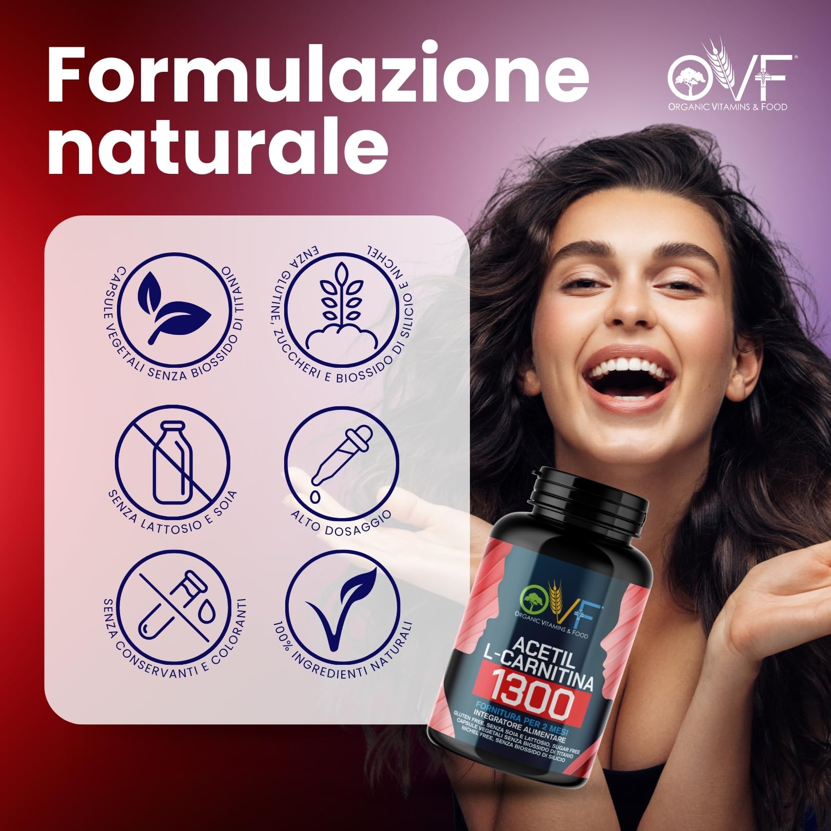 OVF - Acetil L-CARNITINA 1300mg 120cps (2 mesi di fornitura) - La Carnitina Potenzia la Produzione di Energia e favorisce il Metabolismo dei Grassi - Senza Biossido di Silicio - Made in Italy