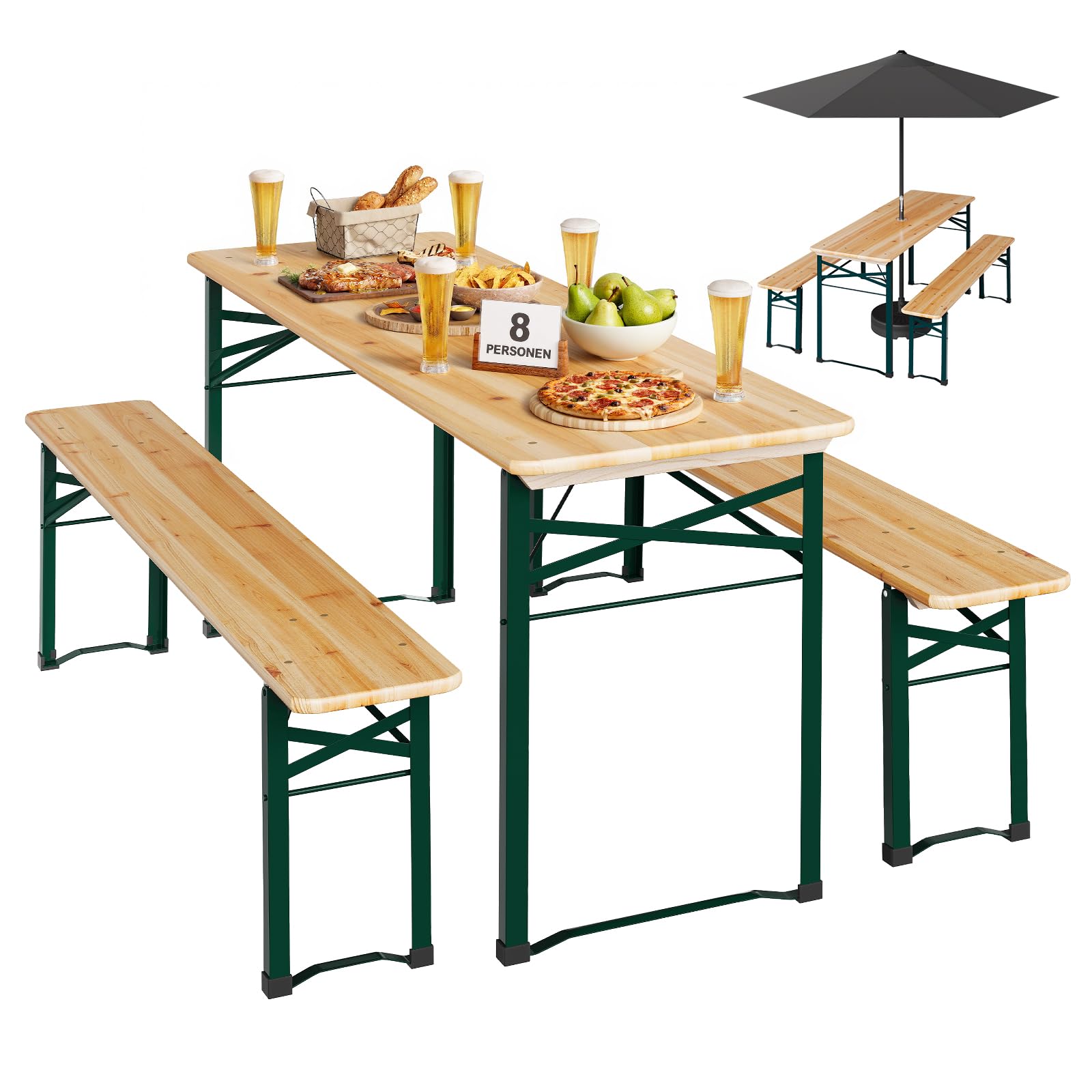 WOLTU Ensemble de Table et Banc de Brasserie 3 Pièces Table Pliante Extérieure avec 2 Bancs Pliables en Bois et Métal