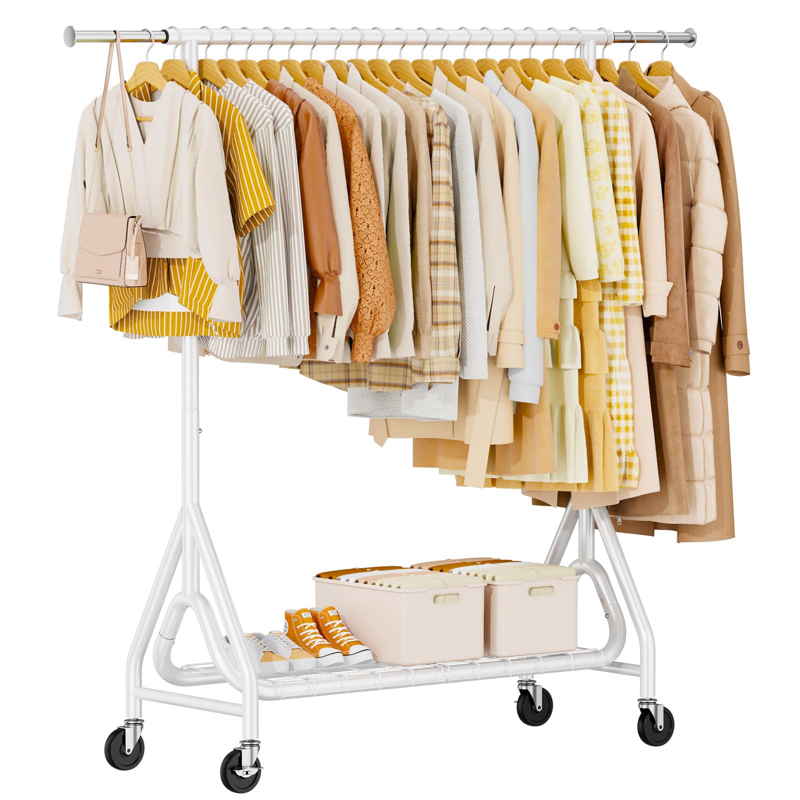 Heavy Duty Clothes Rack, Metal Clothing Rack Load 450 LBS, Rolling Coat Racks for Hanging Clothes with Lockable Wheels, Wardrobe Closet Garment Racks for Bedroom, White