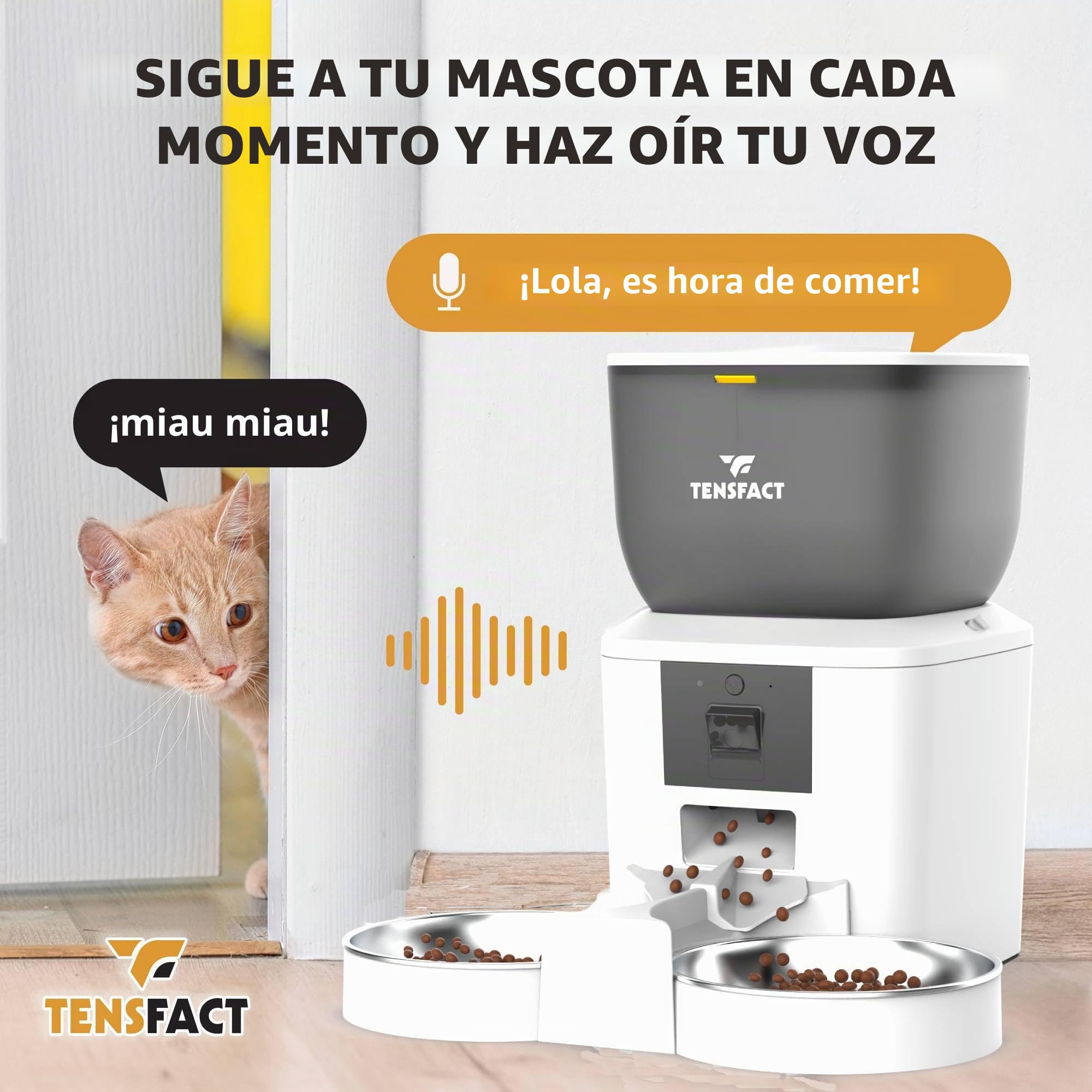 Comedero Automático para Gatos y Perros con Cámara HD, 4L, Doble Cuenco de Acero Inoxidable, Control por App, Programable – Tensfact – Blanco