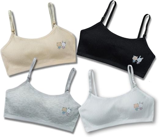 Youstylo Pack of 4 Beginners Bra Light Padded Non Wired Full Coverage Double Layered Bras for Girls with Adjustable Strap ...