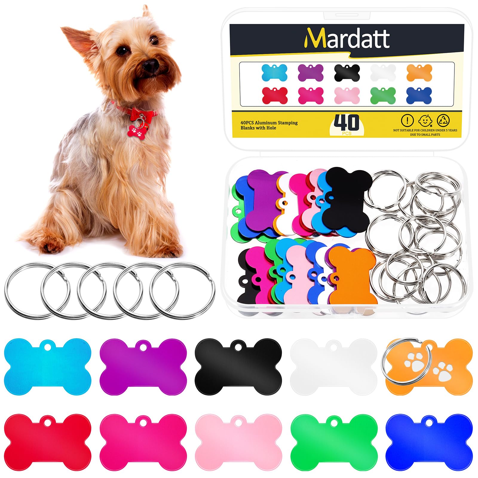 Mardatt 20 Set Aluminum Blank Tags with Key Ring Kit, 10 Colors Bone Stamping Blanks Engraving Blank Discs Dog Tag Pet Tags for DIY Decorative Craft, 38 x 25 x 1mm